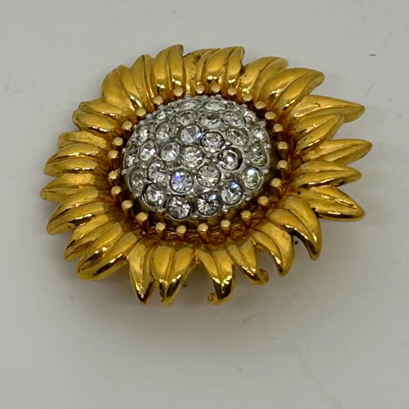 Joan Rivers Sunflower Brooch With Gold Tone Petals Rhinestone Center Vintage - Picture 4 of 16